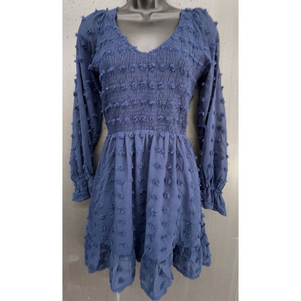 Long Sleeve Babydoll Dress S Blue Smocked‎ Ruffle Coquette Y2K Boho
